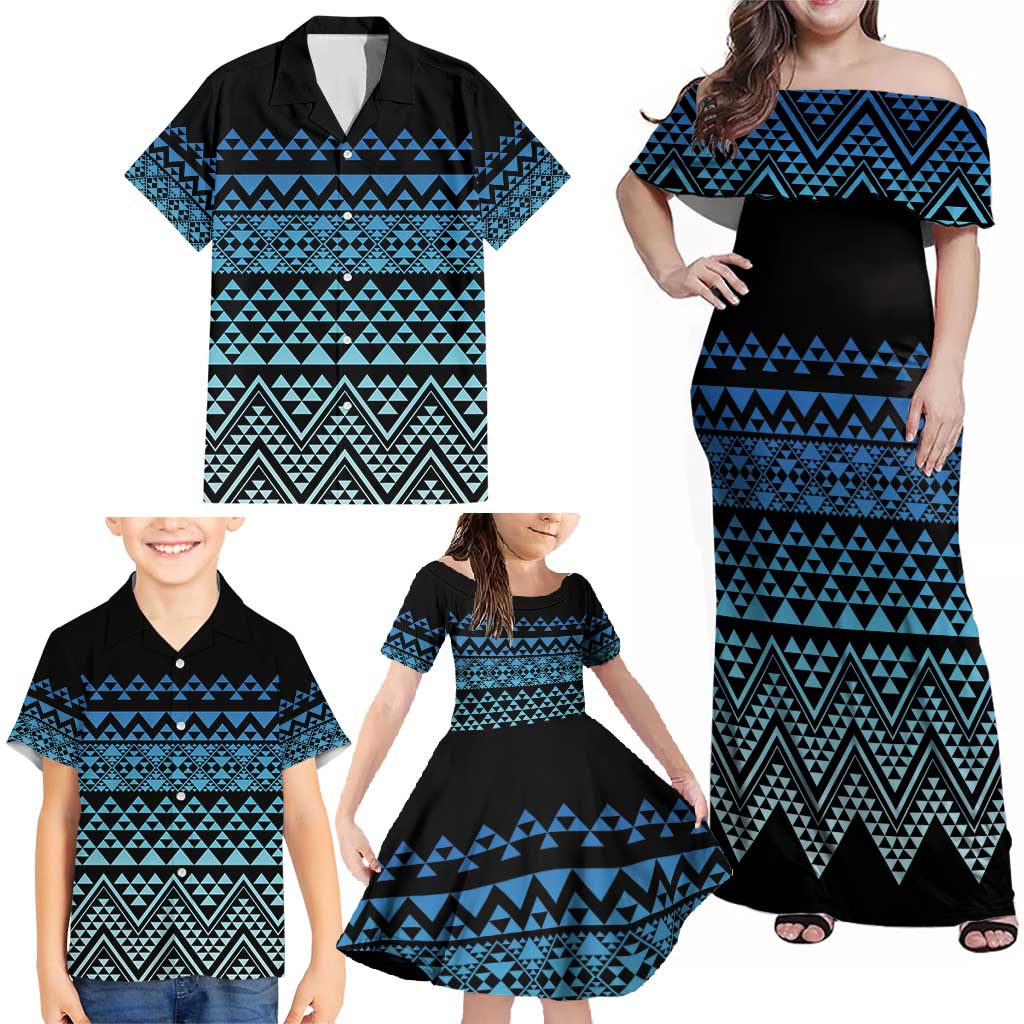 Maori Niho Taniwha Te Wheiao Family Matching Off Shoulder Maxi Dress and Hawaiian Shirt Moana Blue - Polynesian Pride