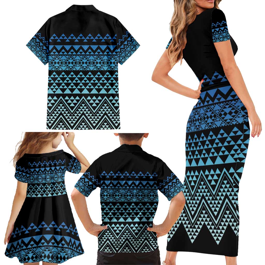 Maori Niho Taniwha Te Wheiao Family Matching Short Sleeve Bodycon Dress and Hawaiian Shirt Moana Blue LT7 - Polynesian Pride