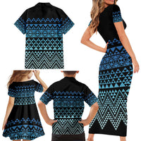 Maori Niho Taniwha Te Wheiao Family Matching Short Sleeve Bodycon Dress and Hawaiian Shirt Moana Blue LT7 - Polynesian Pride