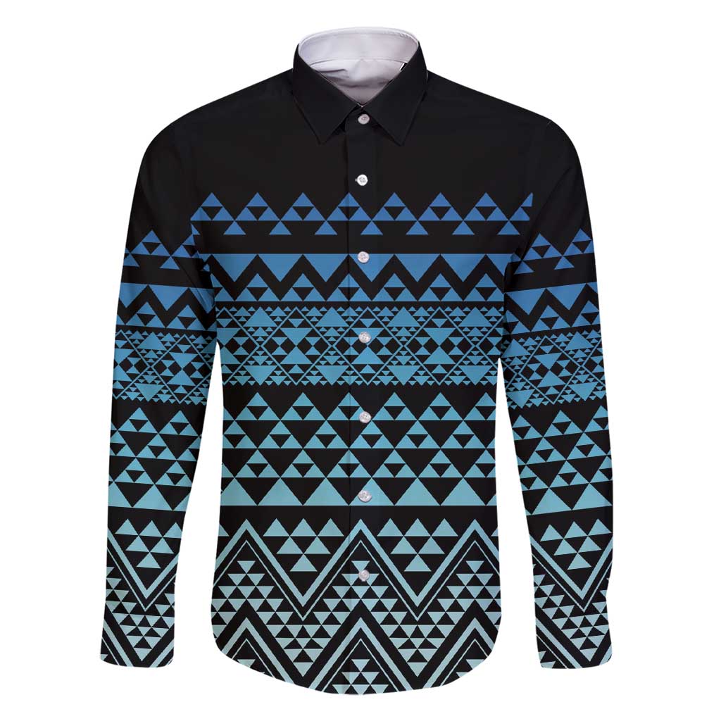 Maori Niho Taniwha Te Wheiao Family Matching Short Sleeve Bodycon Dress and Hawaiian Shirt Moana Blue LT7 Dad's Shirt - Long Sleeve Blue - Polynesian Pride