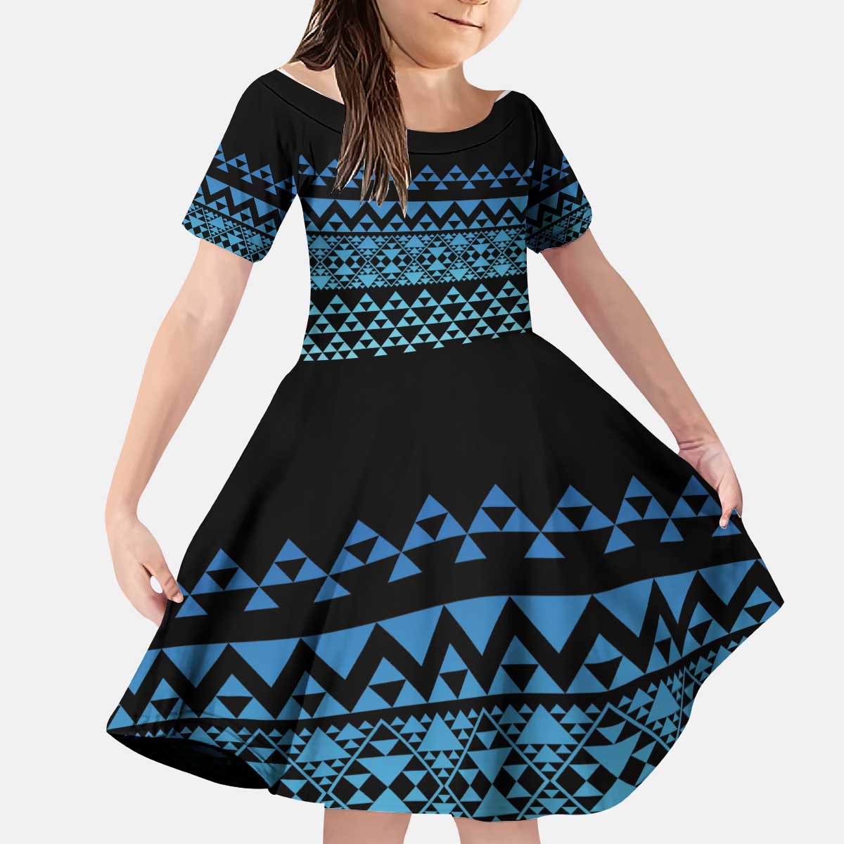 Maori Niho Taniwha Te Wheiao Kid Short Sleeve Dress Moana Blue - Polynesian Pride