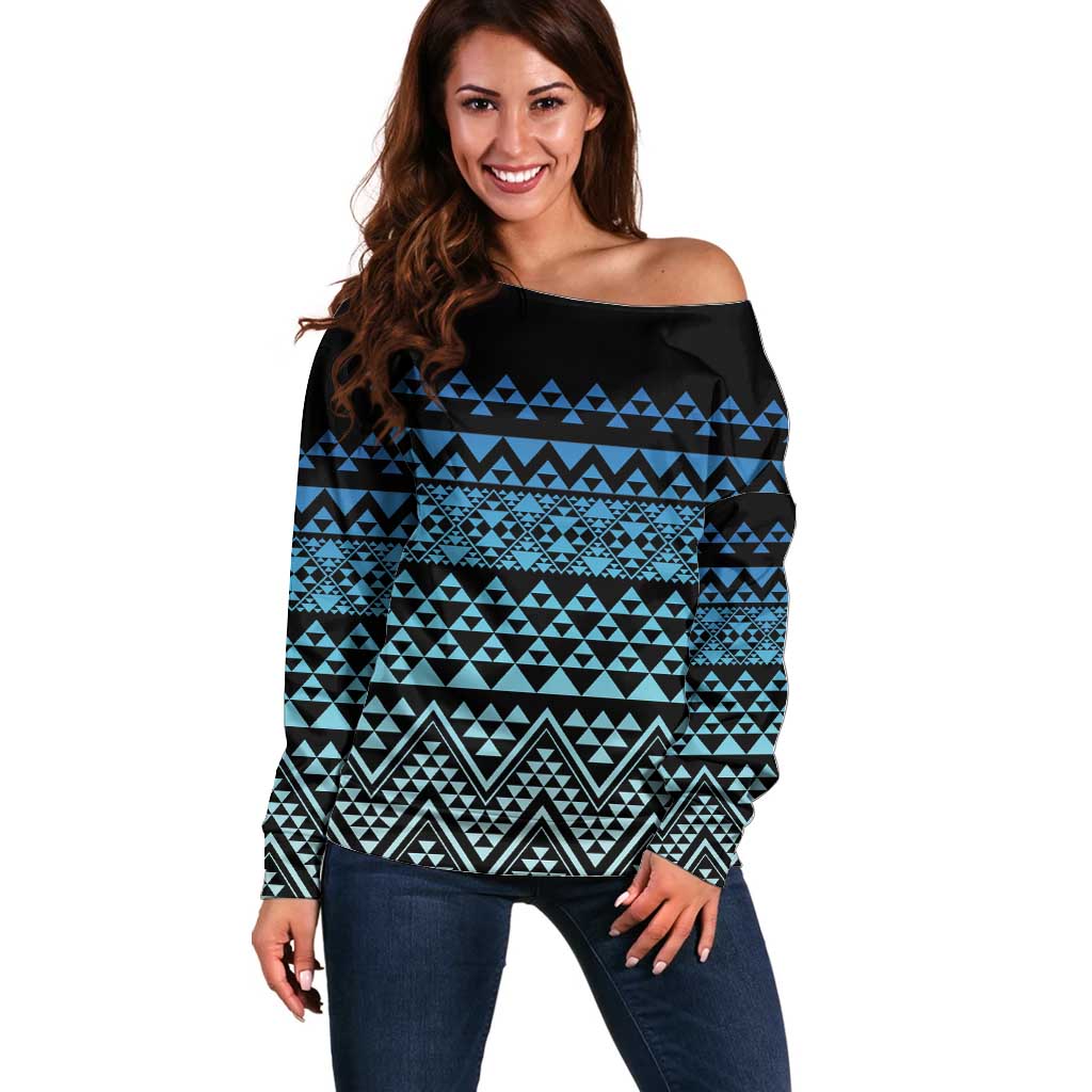 Maori Niho Taniwha Te Wheiao Off Shoulder Sweater Moana Blue - Polynesian Pride