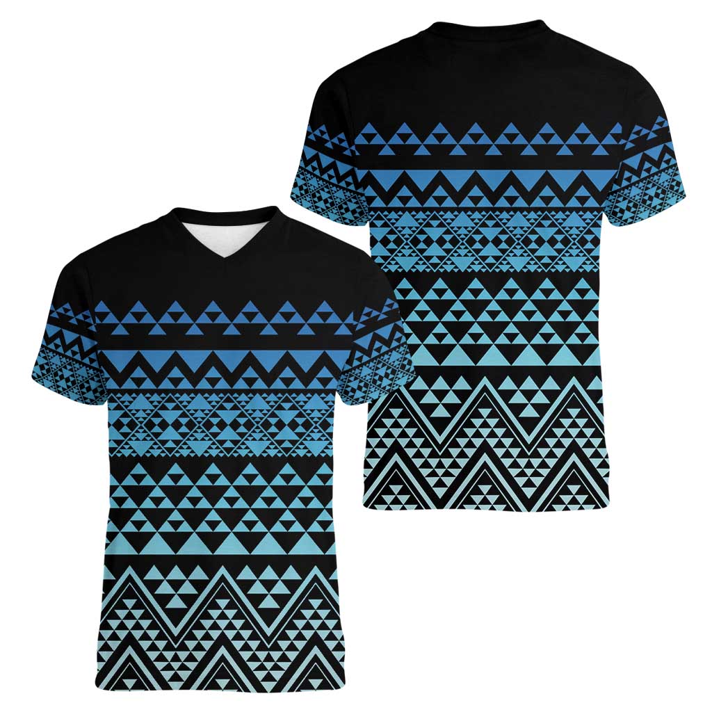 Maori Niho Taniwha Te Wheiao Women V-Neck T-Shirt Moana Blue - Polynesian Pride