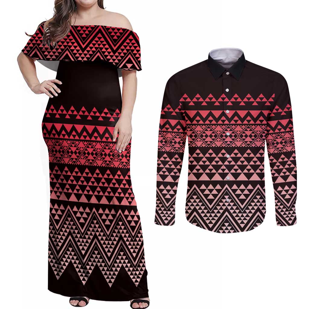 Maori Niho Taniwha Te Wheiao Couples Matching Off Shoulder Maxi Dress and Long Sleeve Button Shirt Terracotta - Polynesian Pride