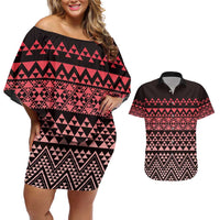 Maori Niho Taniwha Te Wheiao Couples Matching Off Shoulder Short Dress and Hawaiian Shirt Terracotta - Polynesian Pride
