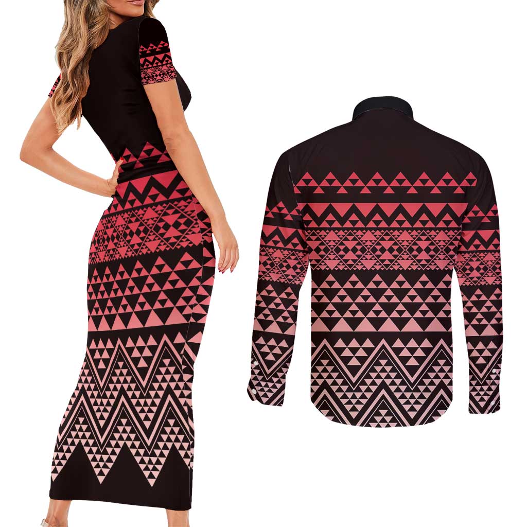 Maori Niho Taniwha Te Wheiao Couples Matching Short Sleeve Bodycon Dress and Long Sleeve Button Shirt Terracotta - Polynesian Pride