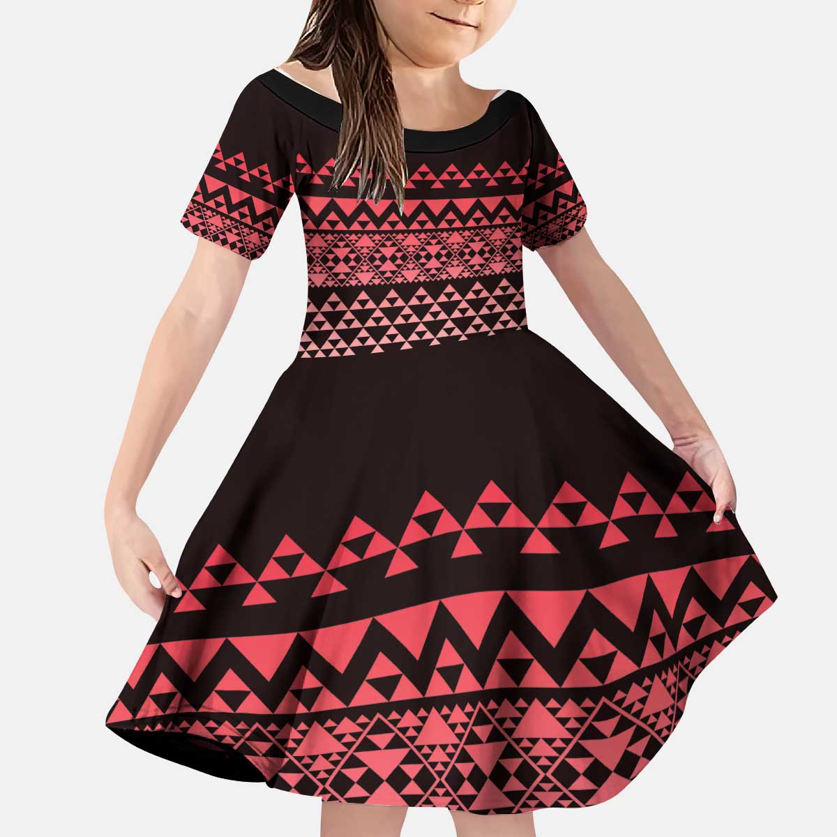 Maori Niho Taniwha Te Wheiao Kid Short Sleeve Dress Terracotta - Polynesian Pride