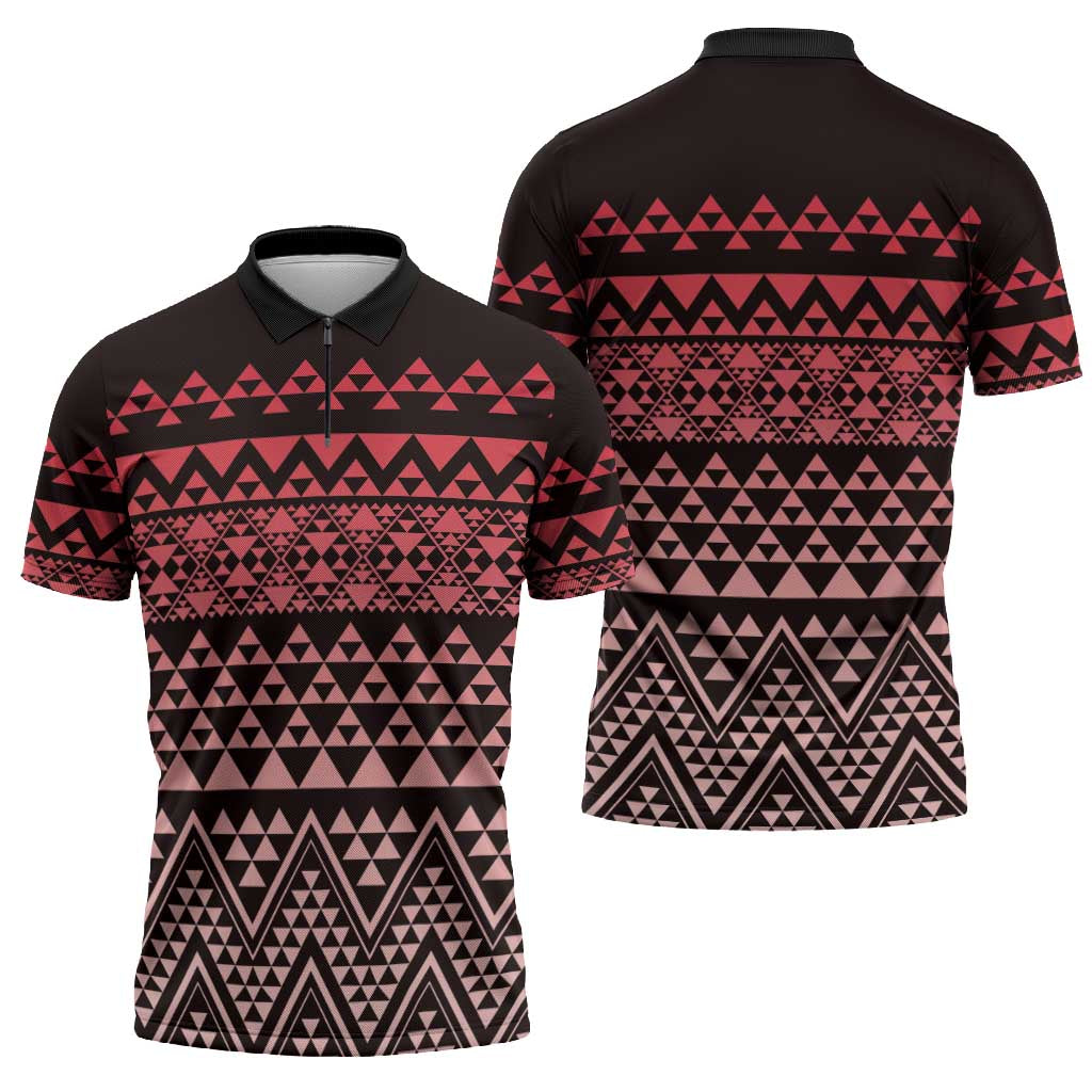 Maori Niho Taniwha Te Wheiao Zipper Polo Shirt Terracotta - Polynesian Pride