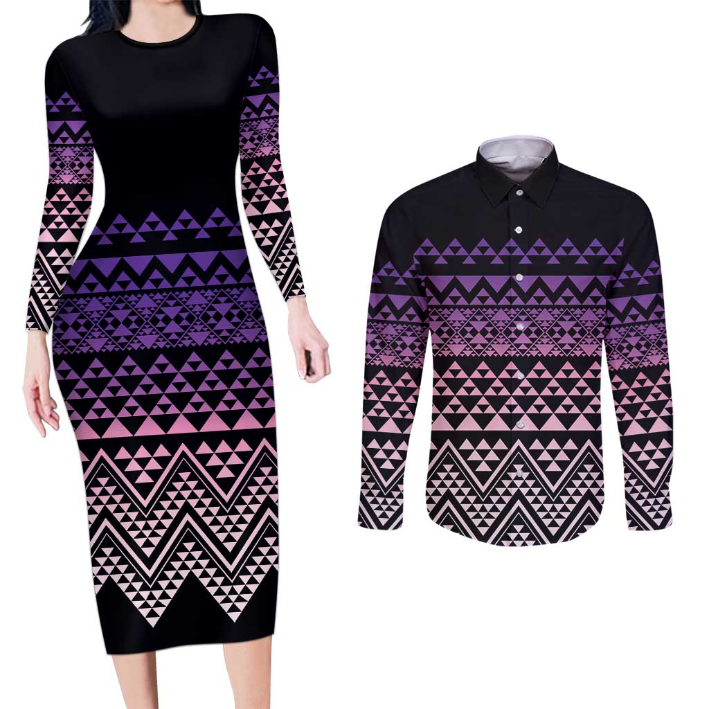Maori Niho Taniwha Te Wheiao Couples Matching Long Sleeve Bodycon Dress and Long Sleeve Button Shirt Waiporoporo - Polynesian Pride