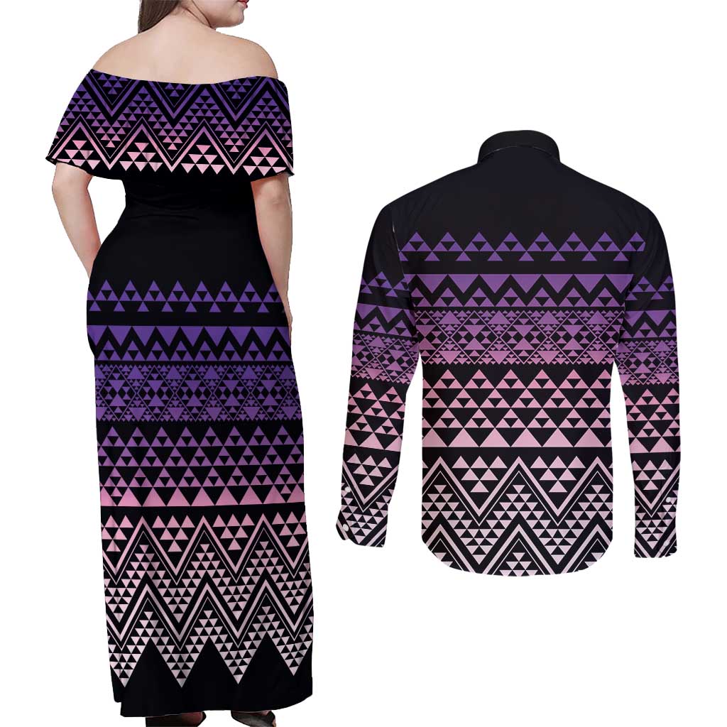Maori Niho Taniwha Te Wheiao Couples Matching Off Shoulder Maxi Dress and Long Sleeve Button Shirt Waiporoporo - Polynesian Pride
