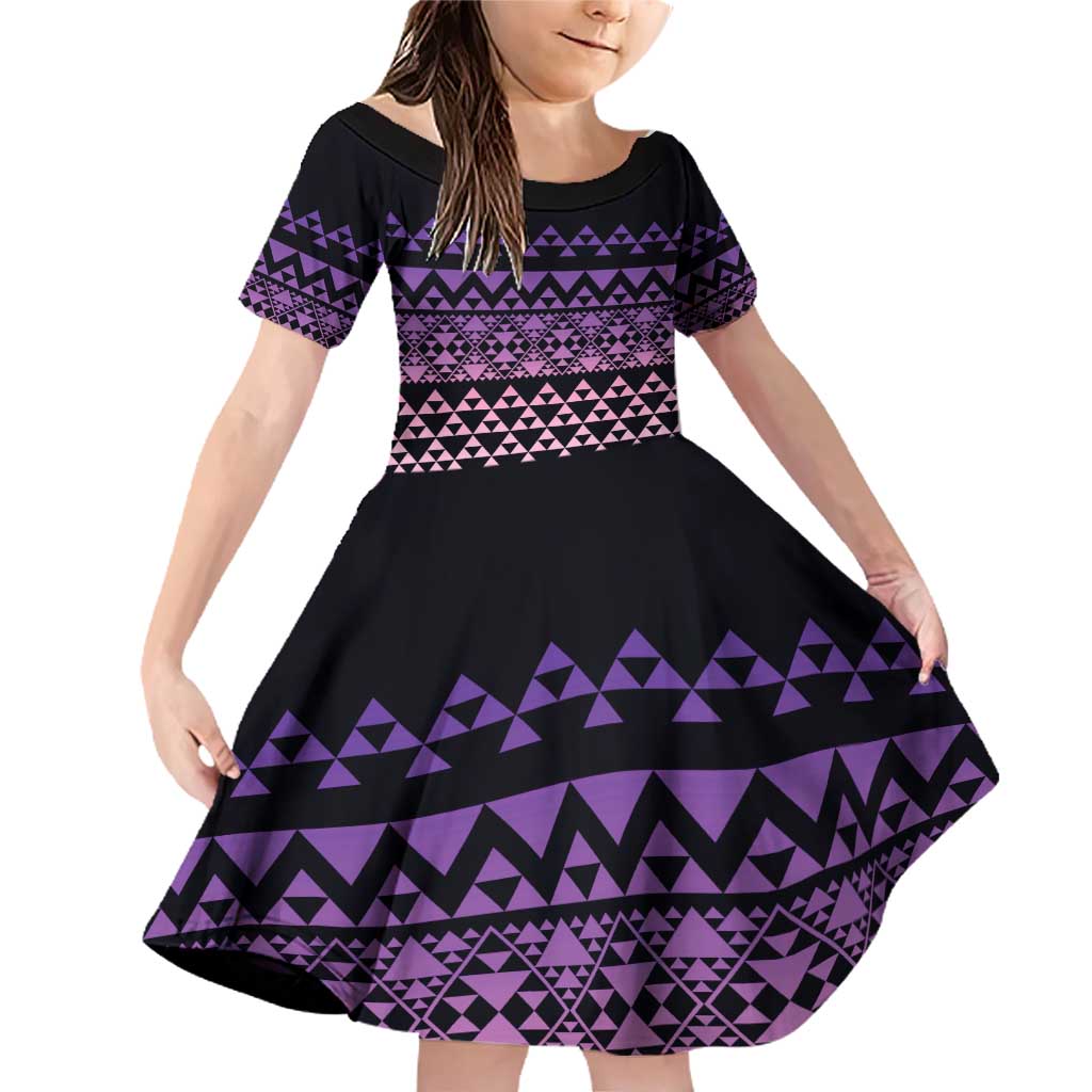 Maori Niho Taniwha Te Wheiao Family Matching Off Shoulder Short Dress and Hawaiian Shirt Waiporoporo LT7 Daughter's Dress Purple - Polynesian Pride