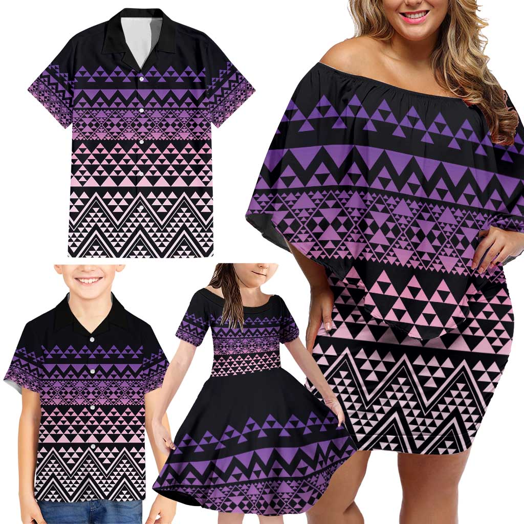 Maori Niho Taniwha Te Wheiao Family Matching Off Shoulder Short Dress and Hawaiian Shirt Waiporoporo LT7 - Polynesian Pride