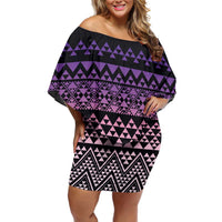 Maori Niho Taniwha Te Wheiao Family Matching Off Shoulder Short Dress and Hawaiian Shirt Waiporoporo LT7 Mom's Dress Purple - Polynesian Pride