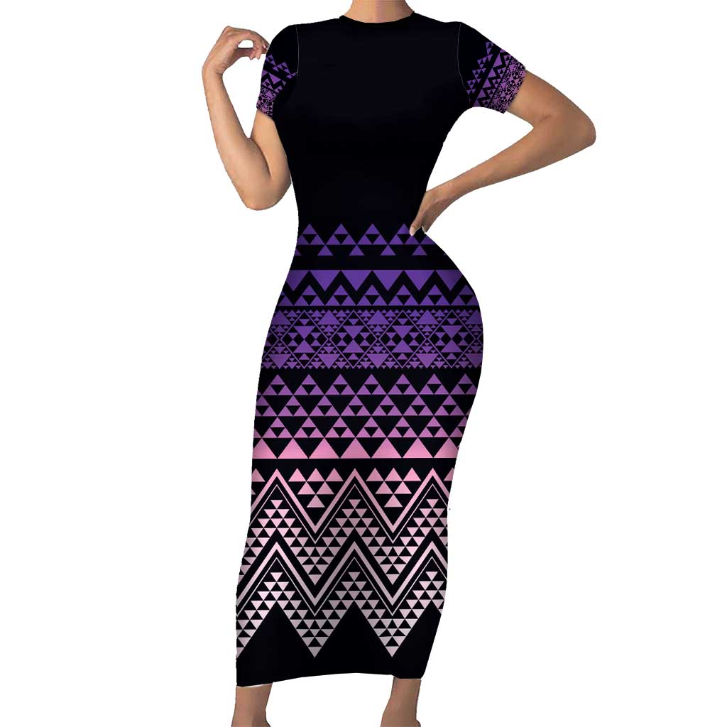 Maori Niho Taniwha Te Wheiao Family Matching Short Sleeve Bodycon Dress and Hawaiian Shirt Waiporoporo LT7 Mom's Dress Purple - Polynesian Pride