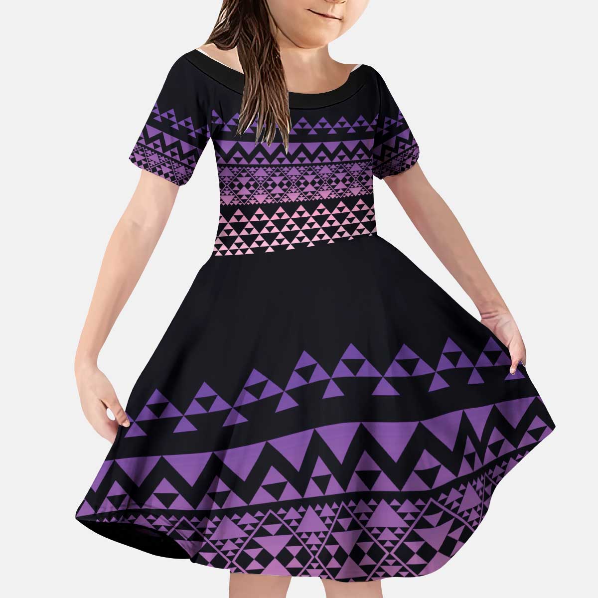 Maori Niho Taniwha Te Wheiao Kid Short Sleeve Dress Waiporoporo - Polynesian Pride