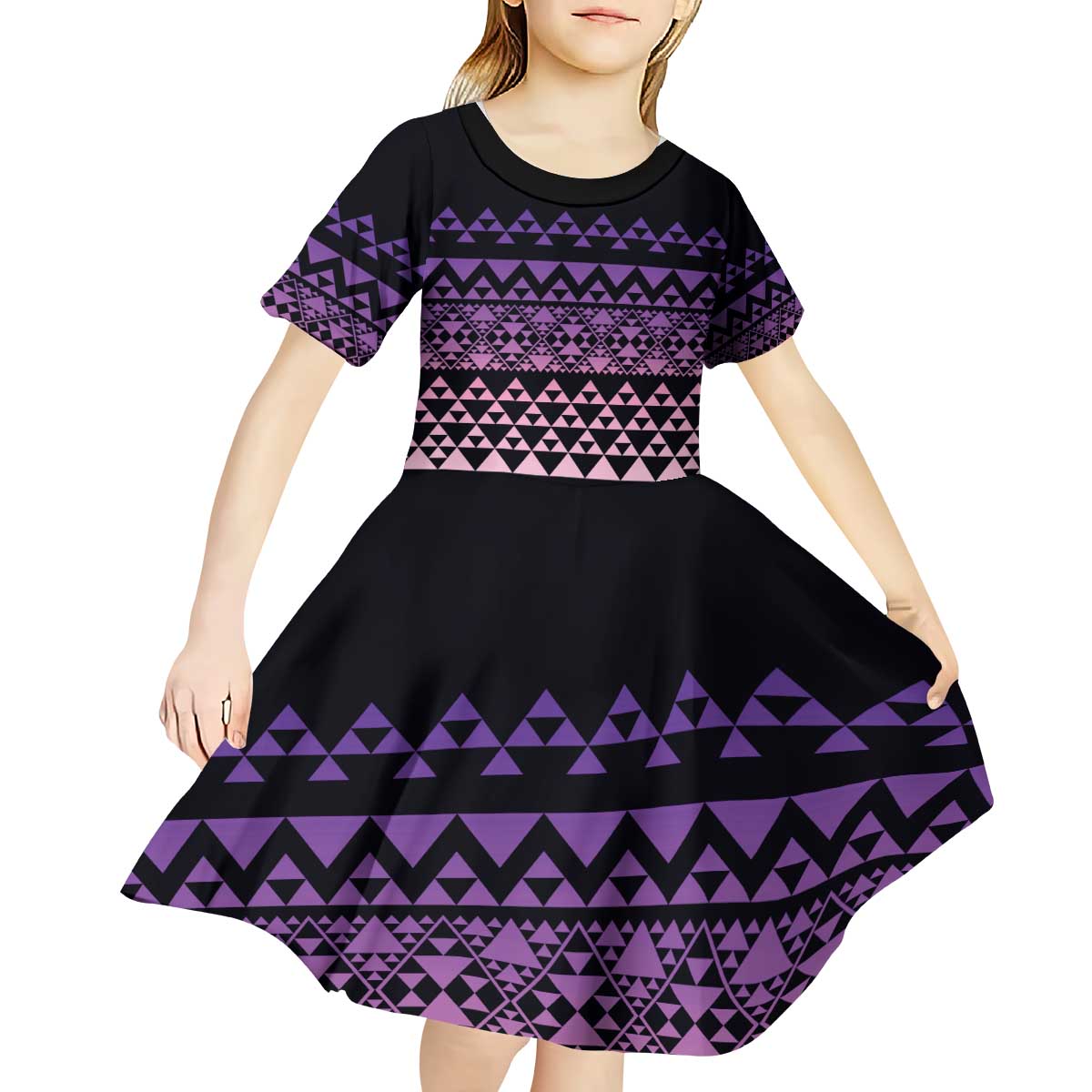 Maori Niho Taniwha Te Wheiao Kid Short Sleeve Dress Waiporoporo - Polynesian Pride