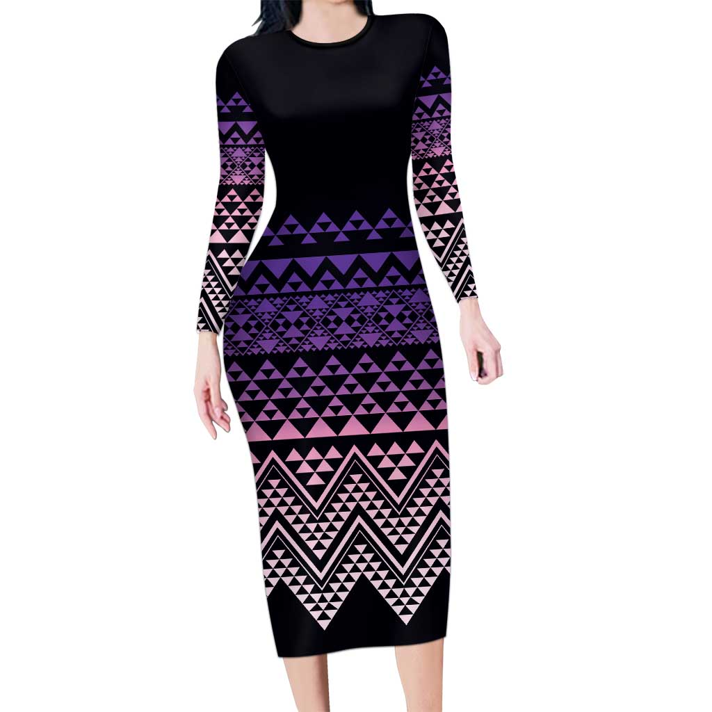 Maori Niho Taniwha Te Wheiao Long Sleeve Bodycon Dress Waiporoporo - Polynesian Pride
