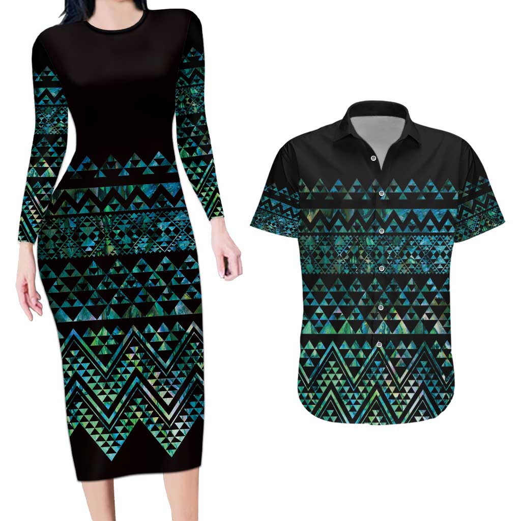 Maori Niho Taniwha Te Wheiao Couples Matching Long Sleeve Bodycon Dress and Hawaiian Shirt Paua Shell - Polynesian Pride