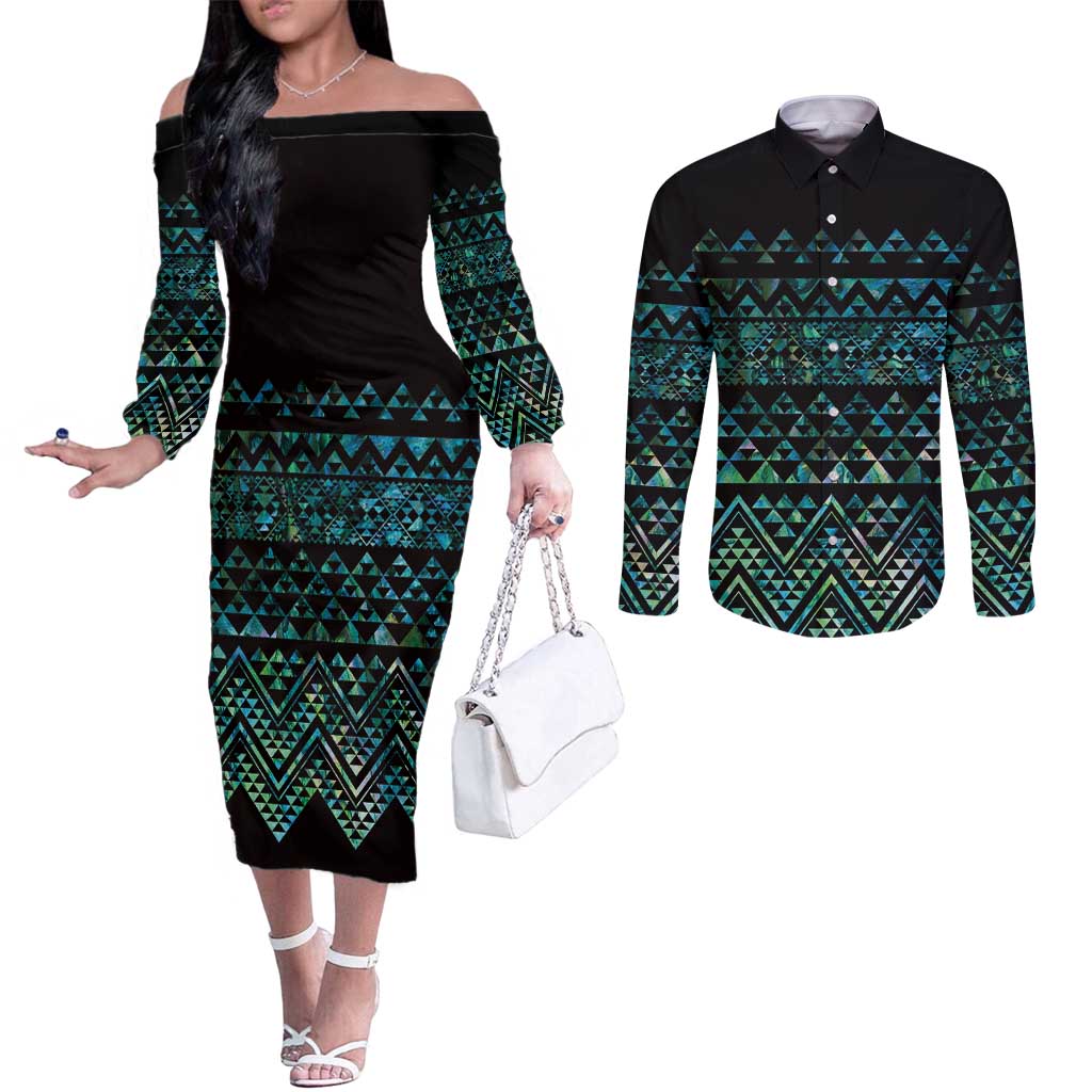 Maori Niho Taniwha Te Wheiao Couples Matching Off The Shoulder Long Sleeve Dress and Long Sleeve Button Shirt Paua Shell - Polynesian Pride