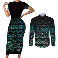 Maori Niho Taniwha Te Wheiao Couples Matching Short Sleeve Bodycon Dress and Long Sleeve Button Shirt Paua Shell - Polynesian Pride