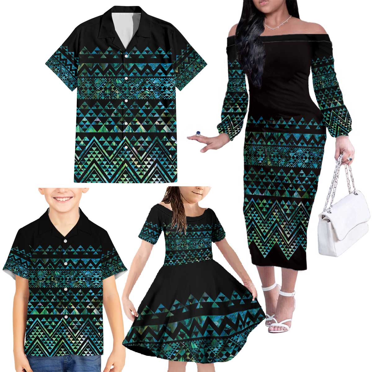 Maori Niho Taniwha Te Wheiao Family Matching Off The Shoulder Long Sleeve Dress and Hawaiian Shirt Paua Shell - Polynesian Pride