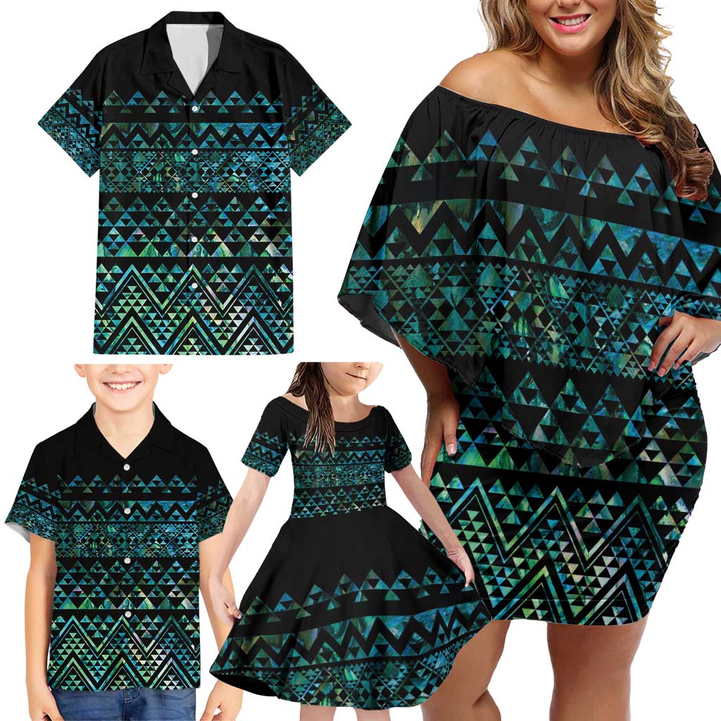 Maori Niho Taniwha Te Wheiao Family Matching Off Shoulder Short Dress and Hawaiian Shirt Paua Shell - Polynesian Pride