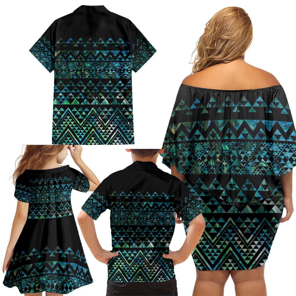 Maori Niho Taniwha Te Wheiao Family Matching Off Shoulder Short Dress and Hawaiian Shirt Paua Shell - Polynesian Pride