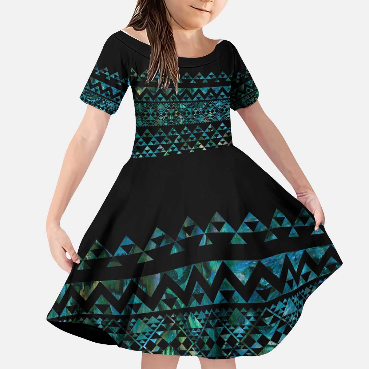 Maori Niho Taniwha Te Wheiao Kid Short Sleeve Dress Paua Shell - Polynesian Pride