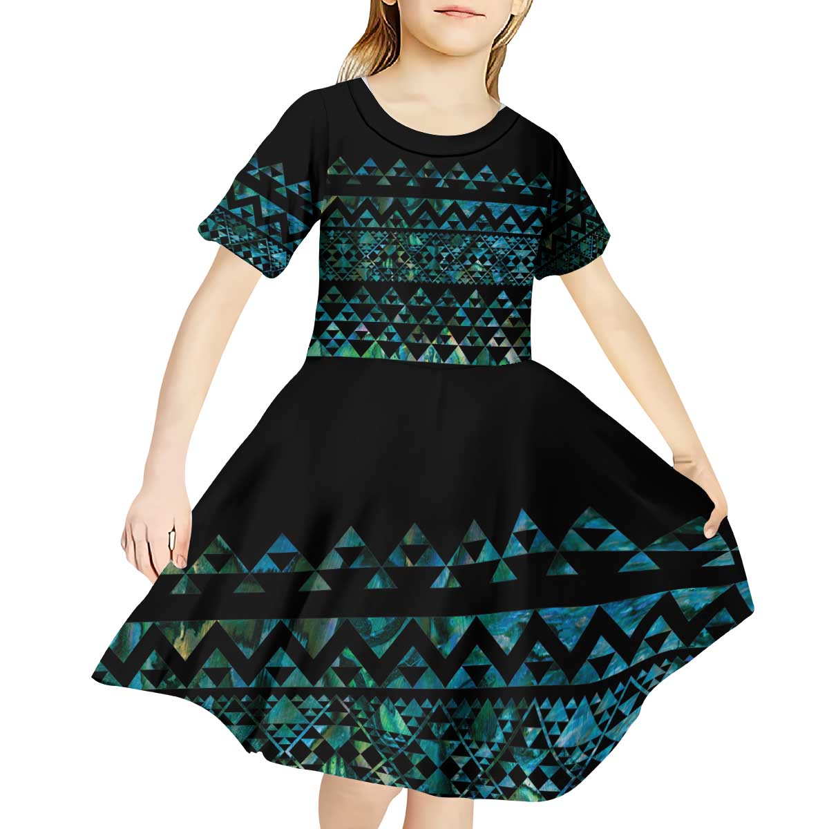 Maori Niho Taniwha Te Wheiao Kid Short Sleeve Dress Paua Shell - Polynesian Pride