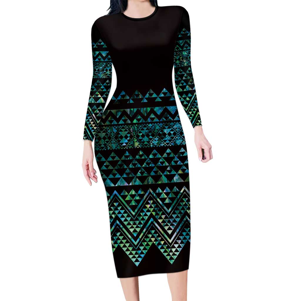 Maori Niho Taniwha Te Wheiao Long Sleeve Bodycon Dress Paua Shell - Polynesian Pride