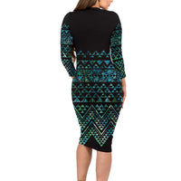 Maori Niho Taniwha Te Wheiao Long Sleeve Bodycon Dress Paua Shell - Polynesian Pride