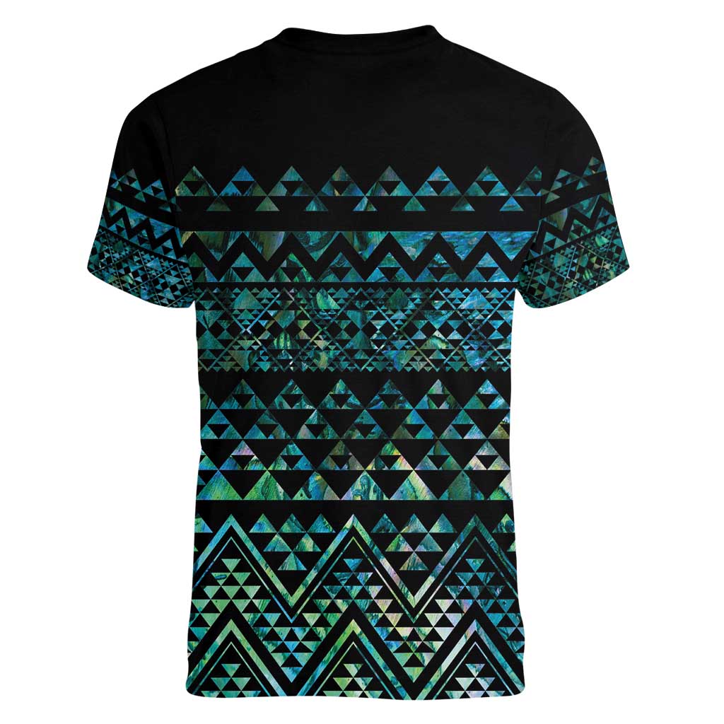 Maori Niho Taniwha Te Wheiao Women V-Neck T-Shirt Paua Shell - Polynesian Pride