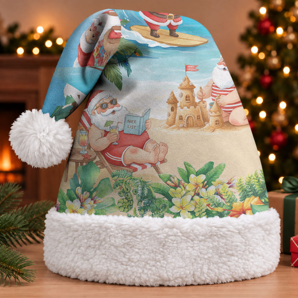 Tropical Christmas Funny Santa Christmas Santa Hat Beach Vacation LT7 With Fur Multicolor - Polynesian Pride