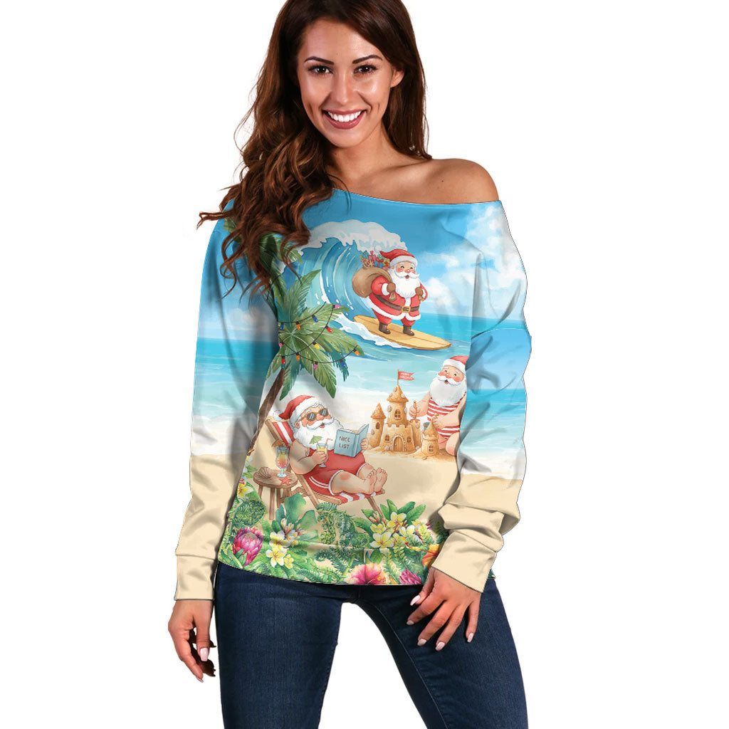 Tropical Christmas Funny Santa Off Shoulder Sweater Beach Vacation LT7 Women Multicolor - Polynesian Pride