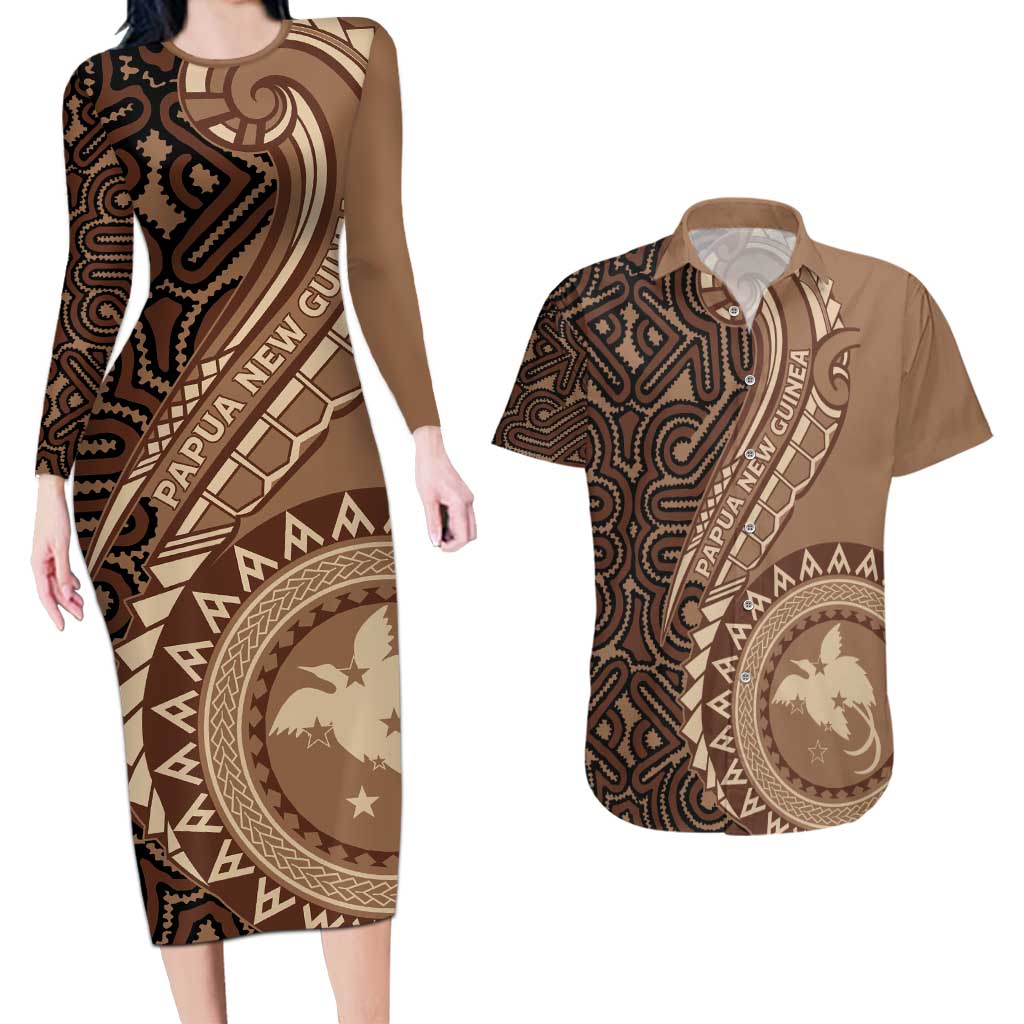 Papua New Guinea Oro Tapa Motif Couples Matching Long Sleeve Bodycon Dress and Hawaiian Shirt Classic LT7 Brown - Polynesian Pride