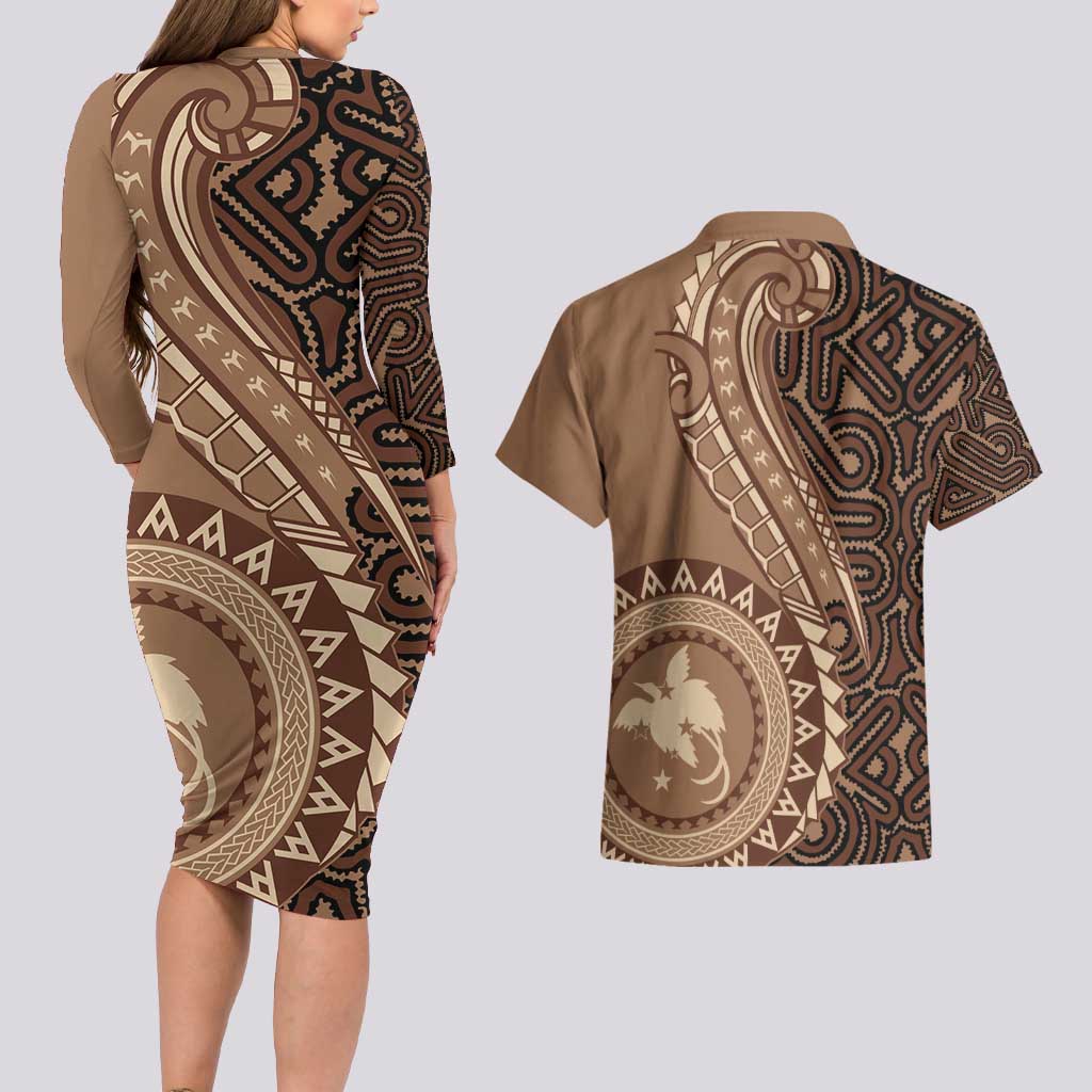 Papua New Guinea Oro Tapa Motif Couples Matching Long Sleeve Bodycon Dress and Hawaiian Shirt Classic LT7 - Polynesian Pride