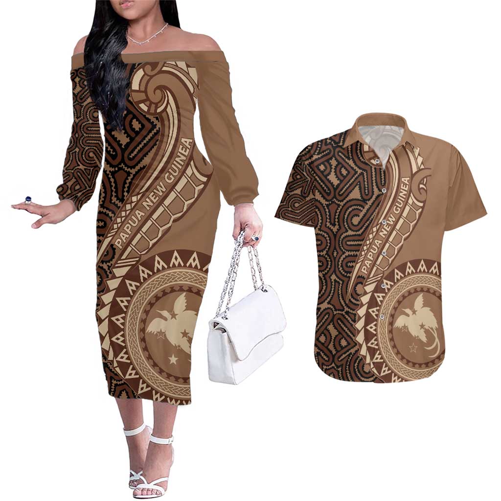 Papua New Guinea Oro Tapa Motif Couples Matching Off The Shoulder Long Sleeve Dress and Hawaiian Shirt Classic LT7 Brown - Polynesian Pride