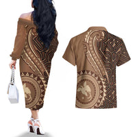 Papua New Guinea Oro Tapa Motif Couples Matching Off The Shoulder Long Sleeve Dress and Hawaiian Shirt Classic LT7 - Polynesian Pride