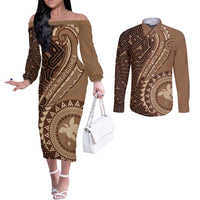 Papua New Guinea Oro Tapa Motif Couples Matching Off The Shoulder Long Sleeve Dress and Long Sleeve Button Shirt Classic LT7 Brown - Polynesian Pride