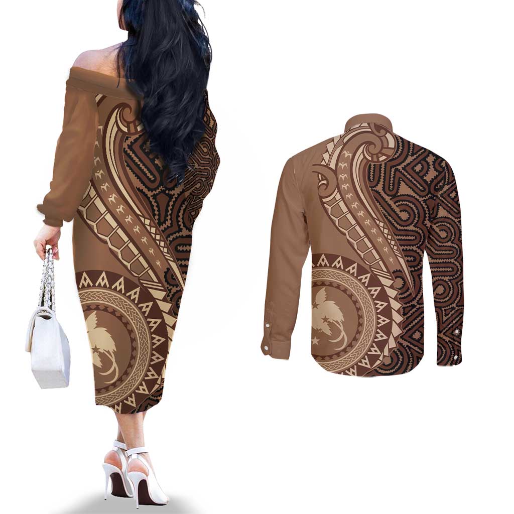 Papua New Guinea Oro Tapa Motif Couples Matching Off The Shoulder Long Sleeve Dress and Long Sleeve Button Shirt Classic LT7 - Polynesian Pride