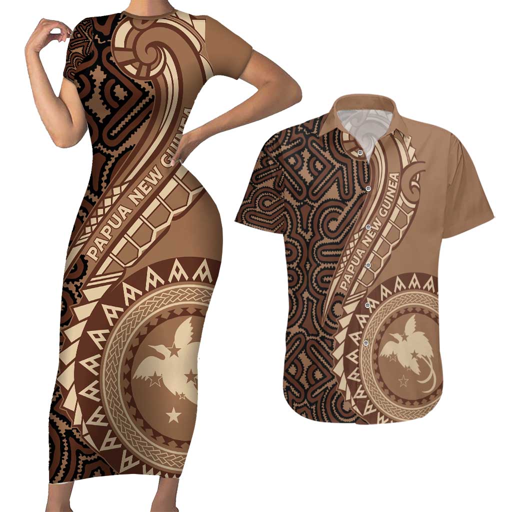 Papua New Guinea Oro Tapa Motif Couples Matching Short Sleeve Bodycon Dress and Hawaiian Shirt Classic LT7 Brown - Polynesian Pride