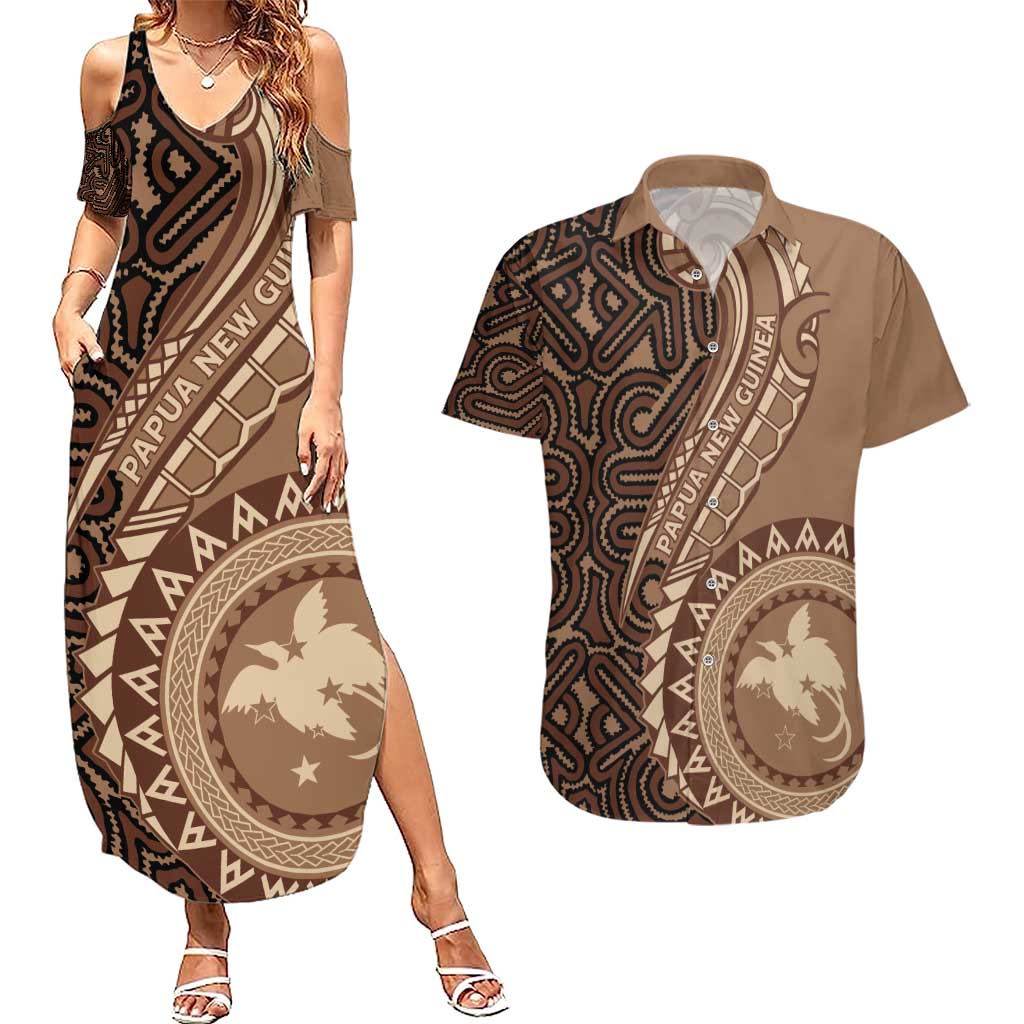 Papua New Guinea Oro Tapa Motif Couples Matching Summer Maxi Dress and Hawaiian Shirt Classic LT7 Brown - Polynesian Pride