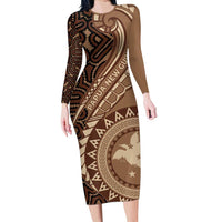 Papua New Guinea Oro Tapa Motif Family Matching Long Sleeve Bodycon Dress and Hawaiian Shirt Classic LT7 Mom's Dress Brown - Polynesian Pride