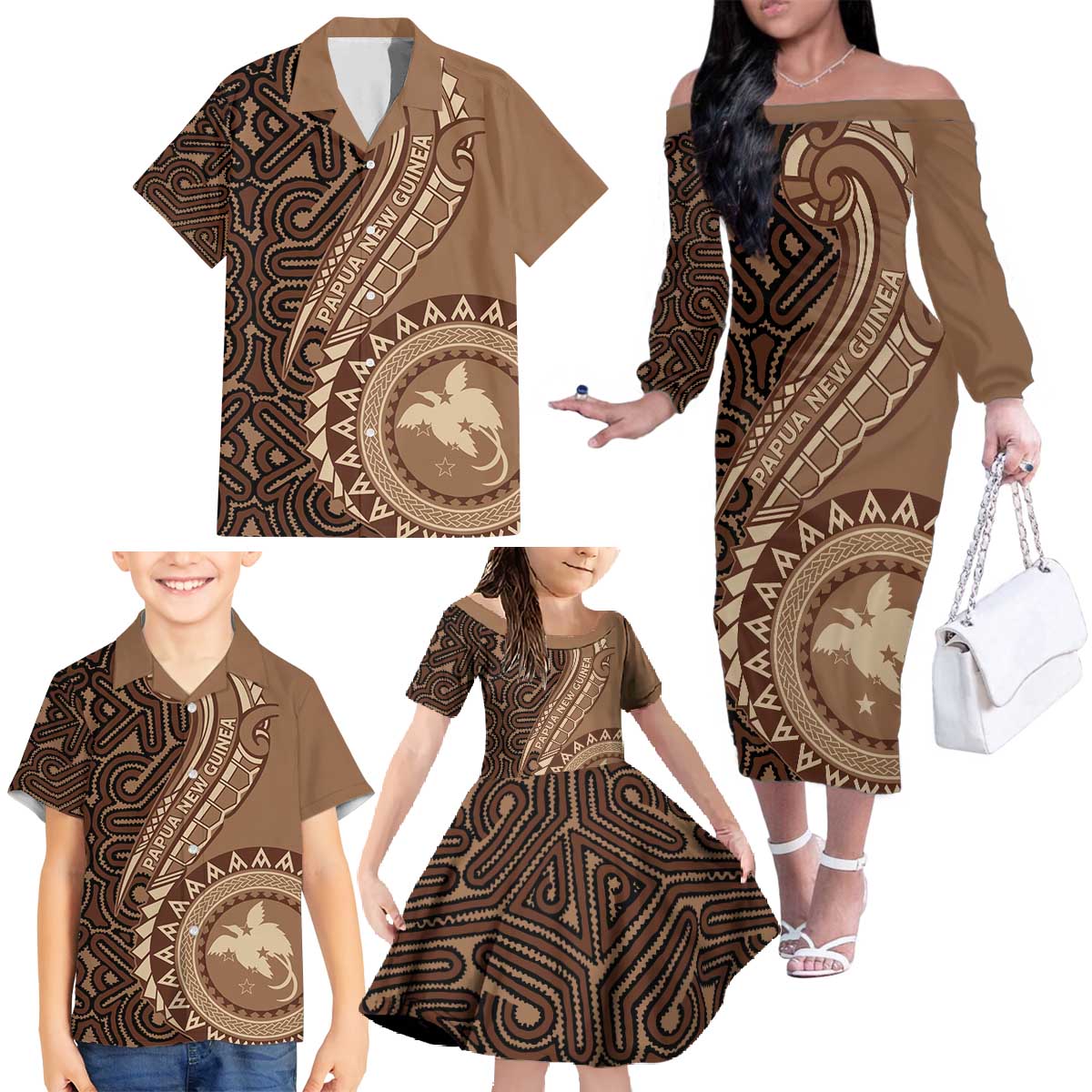 Papua New Guinea Oro Tapa Motif Family Matching Off The Shoulder Long Sleeve Dress and Hawaiian Shirt Classic LT7 - Polynesian Pride