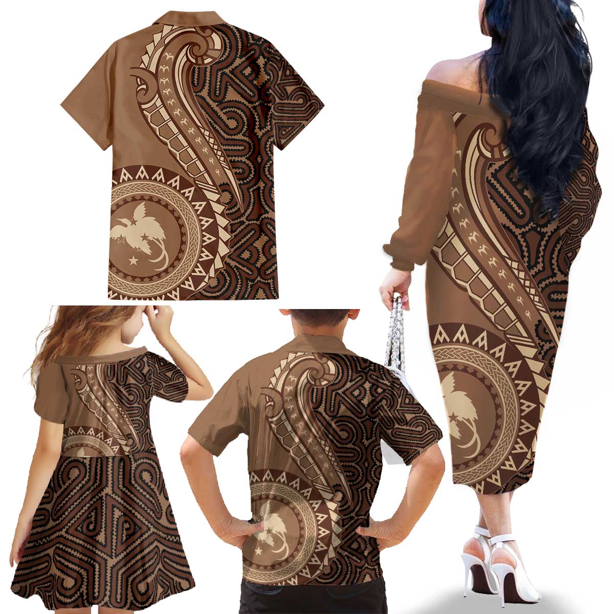 Papua New Guinea Oro Tapa Motif Family Matching Off The Shoulder Long Sleeve Dress and Hawaiian Shirt Classic LT7 - Polynesian Pride