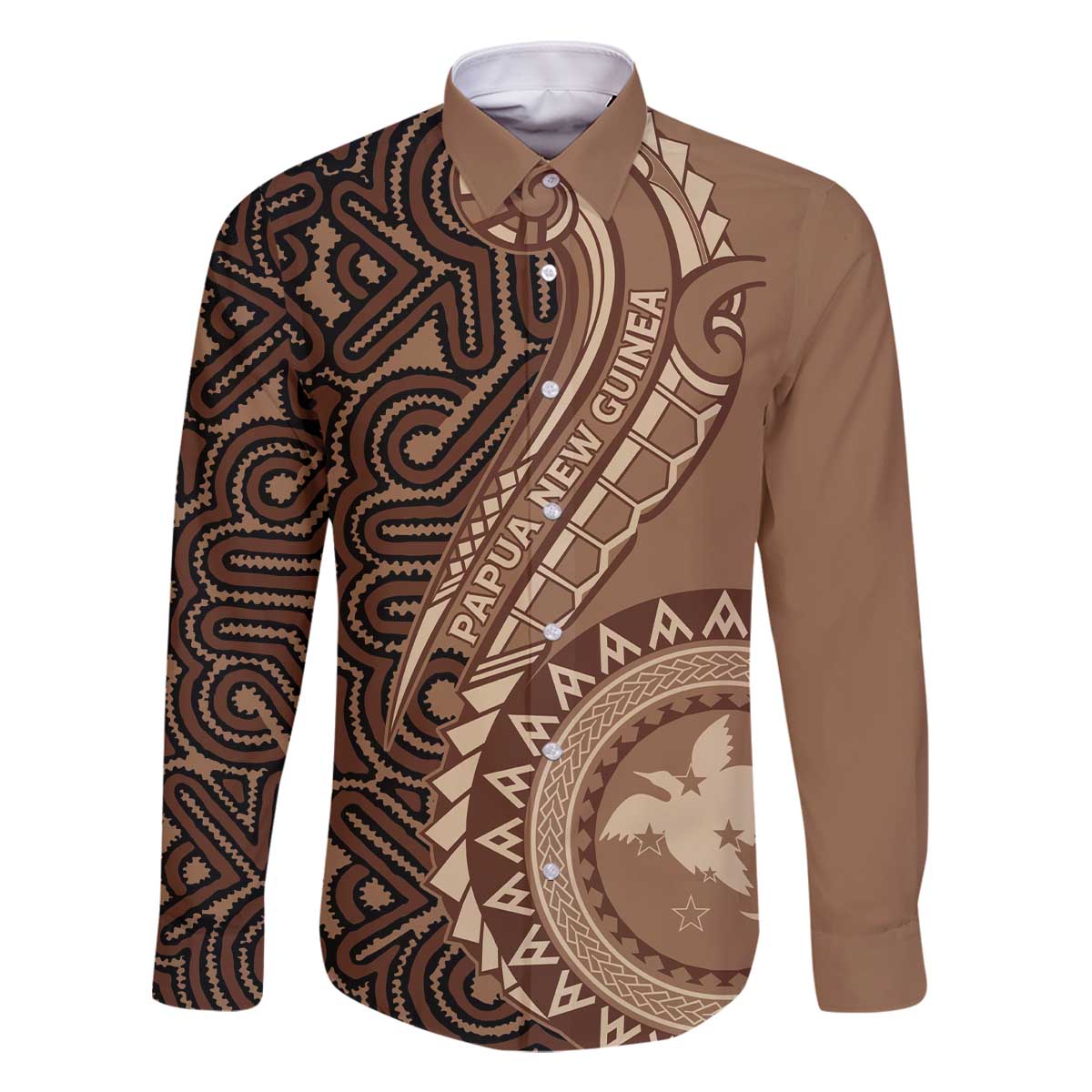 Papua New Guinea Oro Tapa Motif Family Matching Off The Shoulder Long Sleeve Dress and Hawaiian Shirt Classic LT7 Dad's Shirt - Long Sleeve Brown - Polynesian Pride