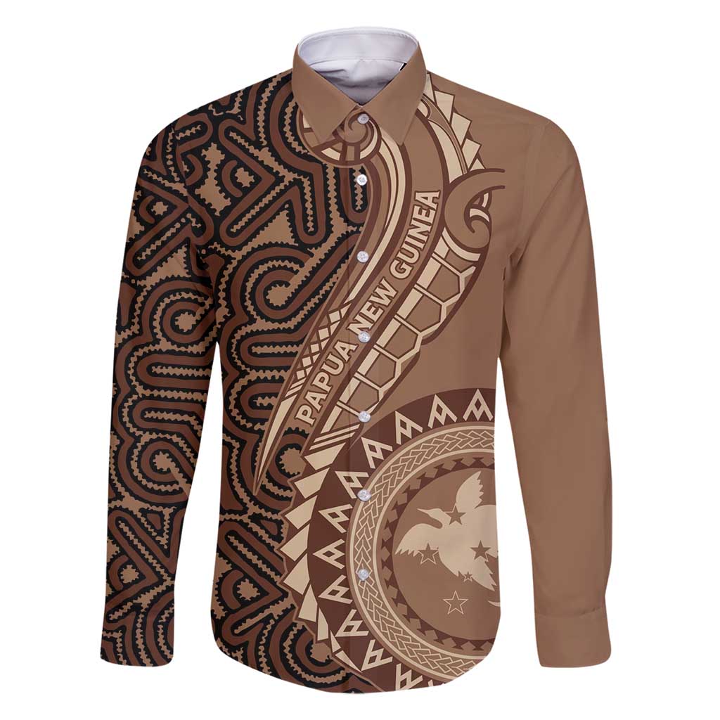 Papua New Guinea Oro Tapa Motif Family Matching Off Shoulder Short Dress and Hawaiian Shirt Classic LT7 Dad's Shirt - Long Sleeve Brown - Polynesian Pride