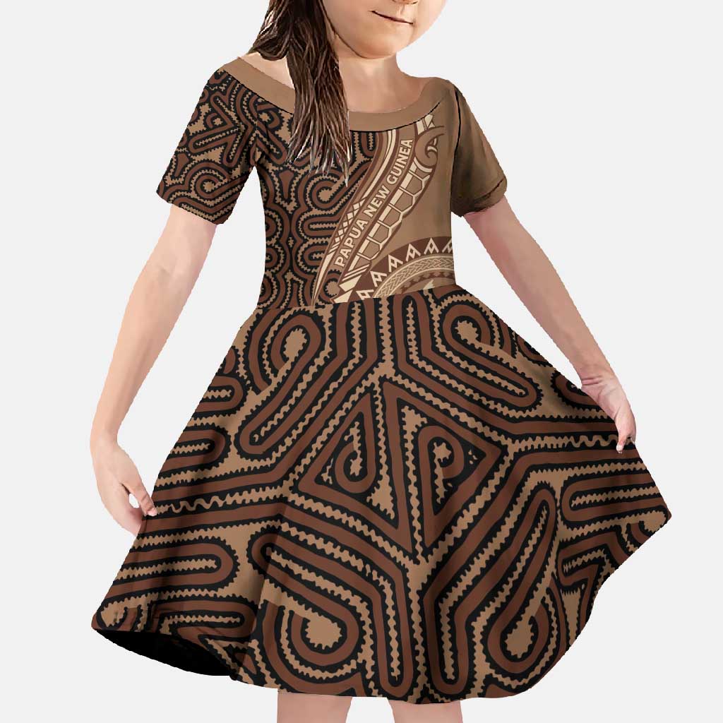 Papua New Guinea Oro Tapa Motif Family Matching Short Sleeve Bodycon Dress and Hawaiian Shirt Classic LT7 Daughter's Dress Brown - Polynesian Pride