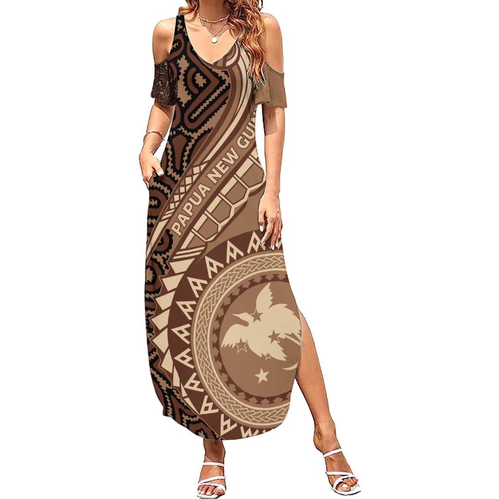 Papua New Guinea Oro Tapa Motif Family Matching Summer Maxi Dress and Hawaiian Shirt Classic LT7 Mom's Dress Brown - Polynesian Pride