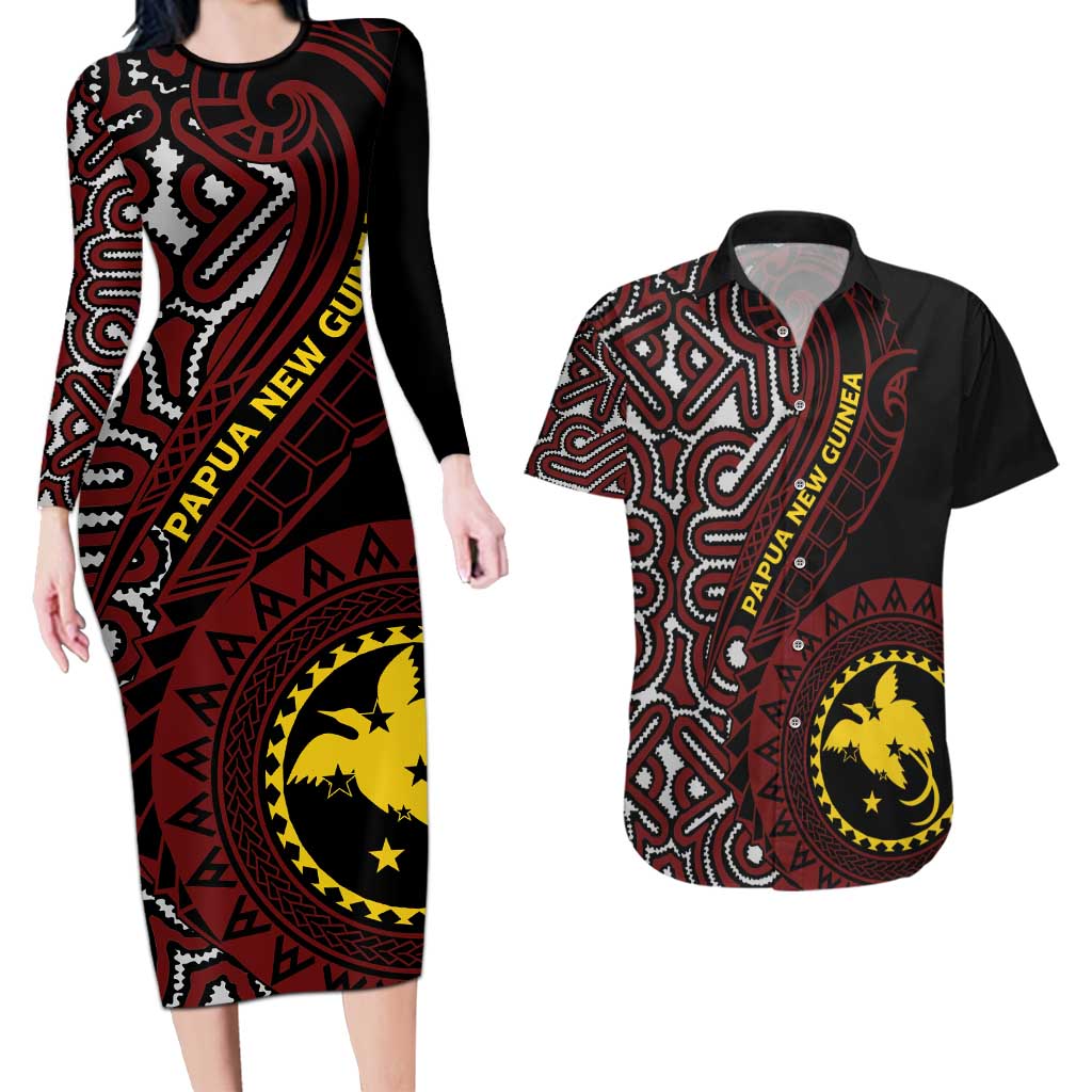 Papua New Guinea Oro Tapa Motif Couples Matching Long Sleeve Bodycon Dress and Hawaiian Shirt Special LT7 Black - Polynesian Pride